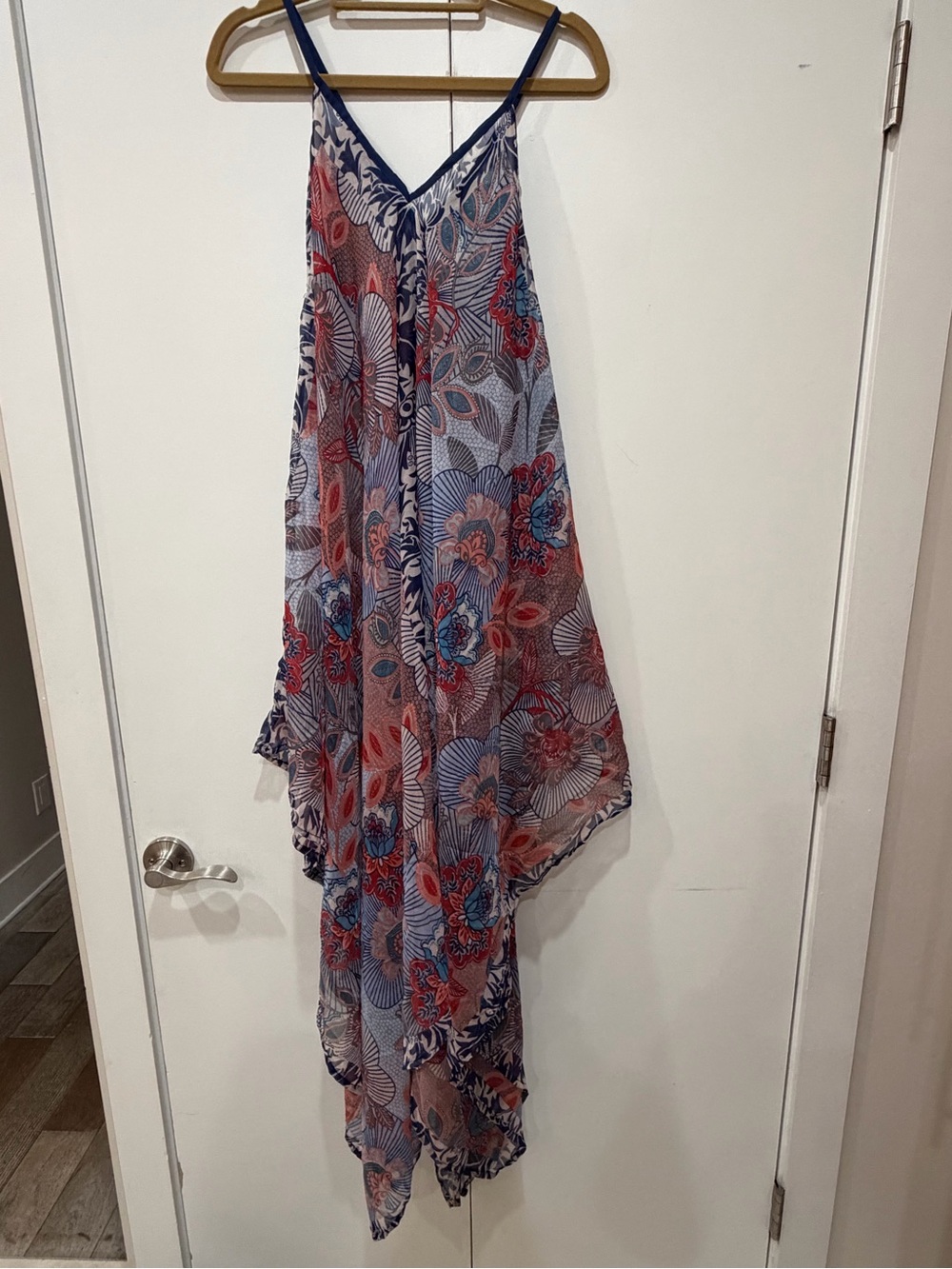Vince Camuto somerset Drape Asymmetric Handkerchief Midi Dress Flowy Sheer